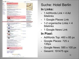 Suche: Hotel Berlin In Links: 1 AdWords Link + 4 Ad Sitelinks 1 Google Places Link 1-2 organische Links + 4 Sitelinks 1 Google News Link In Pixel: AdWords Top: 460 x 85 px Google Places: 725 x 135px Google News: 585 x 100 px Gesamt: 191475 qpx 