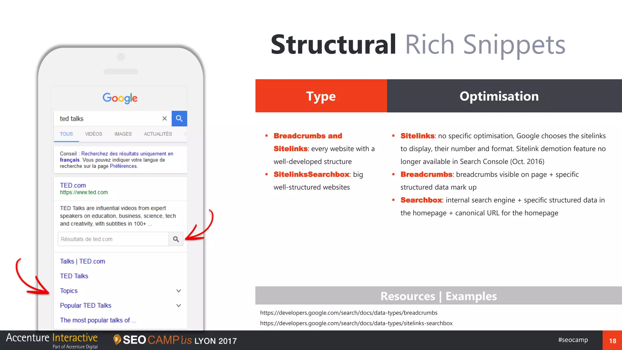 18#seocamp
Structural Rich Snippets
Type Optimisation
▪ Breadcrumbs and
Sitelinks: every website with a
well-developed structure
▪ SitelinksSearchbox: big
well-structured websites
▪ Sitelinks: no specific optimisation, Google chooses the sitelinks
to display, their number and format. Sitelink demotion feature no
longer available in Search Console (Oct. 2016)
▪ Breadcrumbs: breadcrumbs visible on page + specific
structured data mark up
▪ Searchbox: internal search engine + specific structured data in
the homepage + canonical URL for the homepage
https://developers.google.com/search/docs/data-types/breadcrumbs
https://developers.google.com/search/docs/data-types/sitelinks-searchbox
Resources | Examples
 
