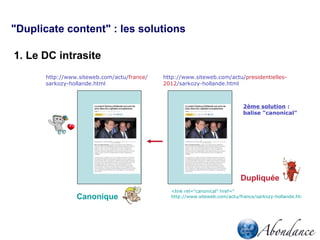 Duplicate content : les solutions

1. Le DC intrasite
      http://www.siteweb.com/actu/france/   http://www.siteweb.com/a...