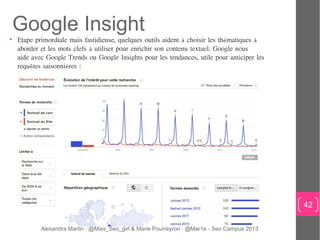 Google Insight
• Etape primordiale mais fastidieuse, quelques outils aident à choisir les thématiques à
  aborder et les m...