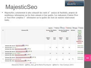 MajesticSeo
• MajesticSeo, certainement le plus exhaustif des outils d’analyse de backlinks, propose de
  nombreuses infor...