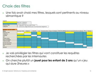 Choix des filtres
     Une fois avoir choisi mes filtres, lesquels sont pertinents au niveau
      sémantique ?




     Je vais privilégier les filtres qui vont constituer les requêtes
      recherchées par les internautes
     On cherche plutôt un jouet pour les enfant de 3 ans qu’un « jeu
      qui dure 2heures »

© All rights reserved. Performics Inc. Proprietary and Confidential.          16
 