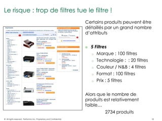 Le risque : trop de filtres tue le filtre !
                                                                       Certains produits peuvent être
                                                                       détaillés par un grand nombre
                                                                       d’attributs


                                                                          5 Filtres
                                                                           o Marque : 100 filtres

                                                                           o Technologie : : 20 filtres

                                                                           o Couleur / N&B : 4 filtres

                                                                           o Format : 100 filtres

                                                                           o Prix : 5 filtres



                                                                       Alors que le nombre de
                                                                       produits est relativement
                                                                       faible…
                                                                                 2734 produits
© All rights reserved. Performics Inc. Proprietary and Confidential.                                      18
 