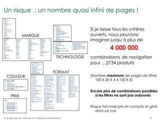 Un risque : un nombre quasi infini de pages !

                                                                            Si je laisse tous les critères
                     MARQUE                                                 ouverts, nous pouvons
                                                                            imaginer jusqu’à plus de
                                                                                       4 000 000
                                                              TECHNOLOGIE   combinaisons de navigation
                                                                            pour …2734 produits

                                                          FORMAT
   COULEUR                                                                  (Nombre maximum de pages de filtres
                                                                              100 X 20 X 4 X 100 X 5)


                                                                            Encore plus de combinaisons possibles
        PRIX                                                                  si les filtres ne sont pas ordonnés


                                                                            Risque fort mais pris en compte et géré
                                                                               dans ce cas
© All rights reserved. Performics Inc. Proprietary and Confidential.                                          19
 