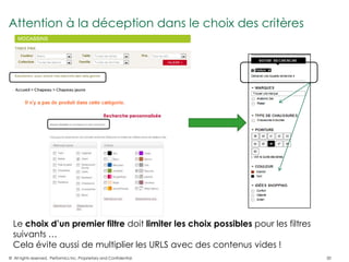 Attention à la déception dans le choix des critères




  Le choix d’un premier filtre doit limiter les choix possibles pour les filtres
  suivants …
  Cela évite aussi de multiplier les URLS avec des contenus vides !
© All rights reserved. Performics Inc. Proprietary and Confidential.               20
 