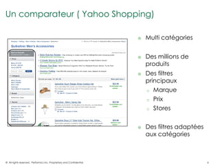 Un comparateur ( Yahoo Shopping)

                                                                          Multi catégories


                                                                          Des millions de
                                                                           produits
                                                                          Des filtres
                                                                           principaux
                                                                           o Marque

                                                                           o Prix

                                                                           o Stores



                                                                          Des filtres adaptées
                                                                           aux catégories



© All rights reserved. Performics Inc. Proprietary and Confidential.                              6
 