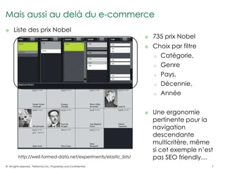 Mais aussi au delà du e-commerce
     Liste des prix Nobel
                                                                          735 prix Nobel
                                                                          Choix par filtre
                                                                           o Catégorie,

                                                                           o Genre

                                                                           o Pays,

                                                                           o Décennie,

                                                                           o Année



                                                                          Une ergonomie
                                                                           pertinente pour la
                                                                           navigation
                                                                           descendante
                                                                           multicritère, même
                                                                           si cet exemple n’est
          http://well-formed-data.net/experiments/elastic_lists/           pas SEO friendly…
© All rights reserved. Performics Inc. Proprietary and Confidential.                          7
 
