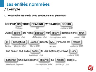 / Exemple
10
Les entités nommées
 Reconnaître les entités avec exactitude n’est pas trivial !
 