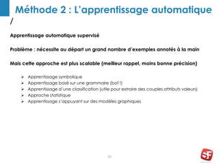 /
23
Méthode 2 : L’apprentissage automatique
Apprentissage automatique supervisé
Problème : nécessite au départ un grand nombre d’exemples annotés à la main
Mais cette approche est plus scalable (meilleur rappel, moins bonne précision)
 Apprentissage symbolique
 Apprentissage basé sur une grammaire (bof !)
 Apprentissage d’une classification (utile pour extraire des couples attributs valeurs)
 Approche statistique
 Apprentissage s’appuyant sur des modèles graphiques
 