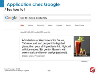 / Les how to !
- 30 -
Application chez Google
Search Foresight 2015 ©
Agence Conseil en Stratégie Digitale
 