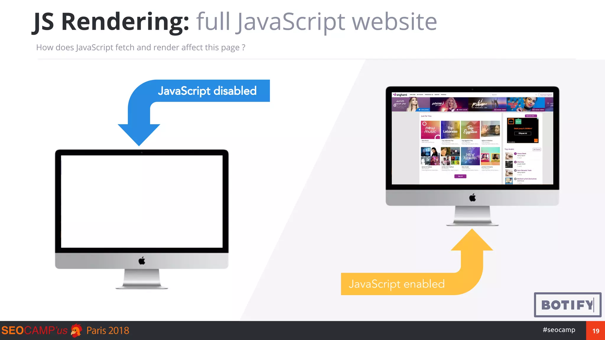 19#seocamp
JS Rendering: full JavaScript website
How does JavaScript fetch and render affect this page ?
JavaScript enabled
JavaScript disabled
 