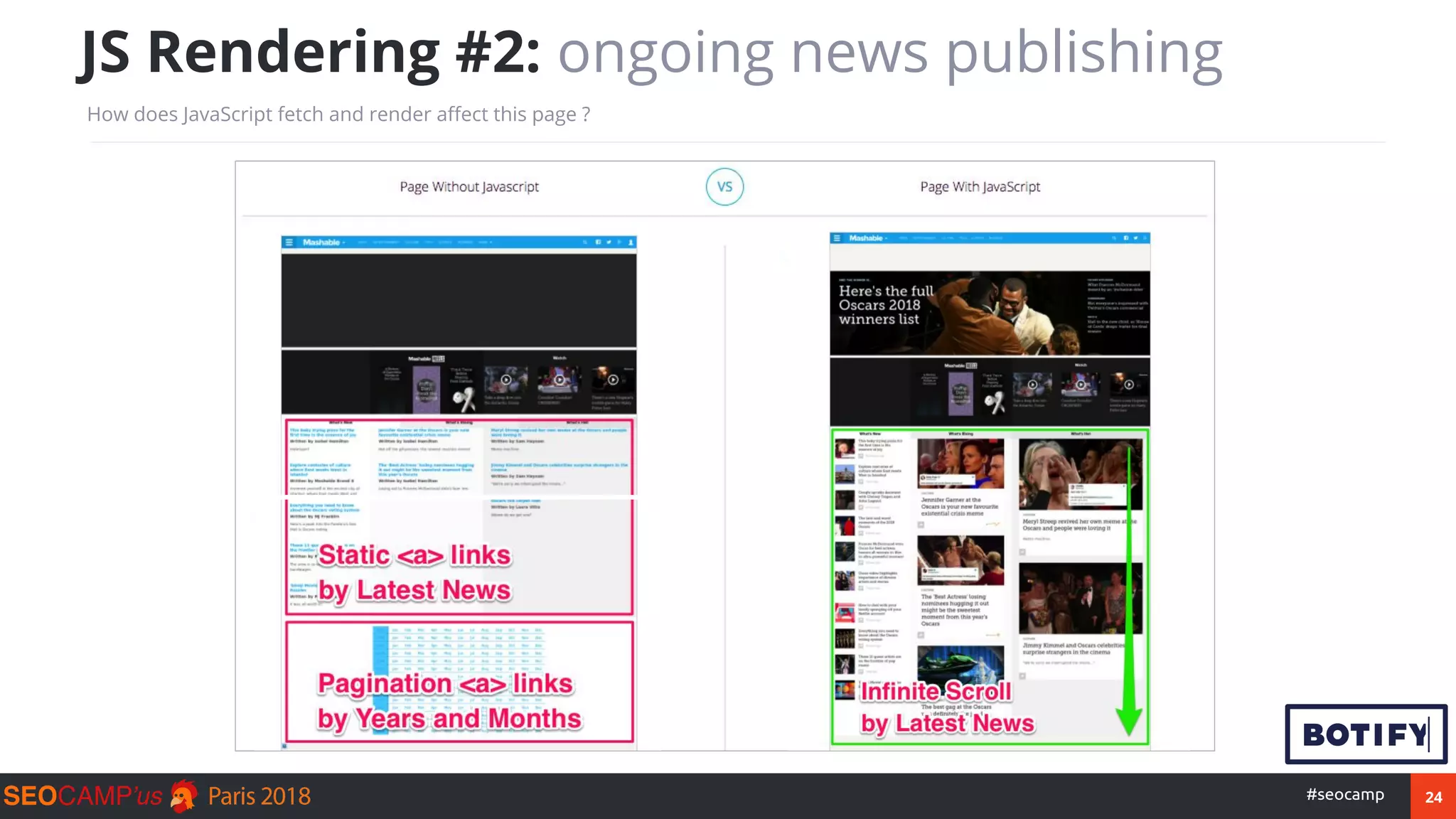 24#seocamp
JS Rendering #2: ongoing news publishing
How does JavaScript fetch and render affect this page ?
 