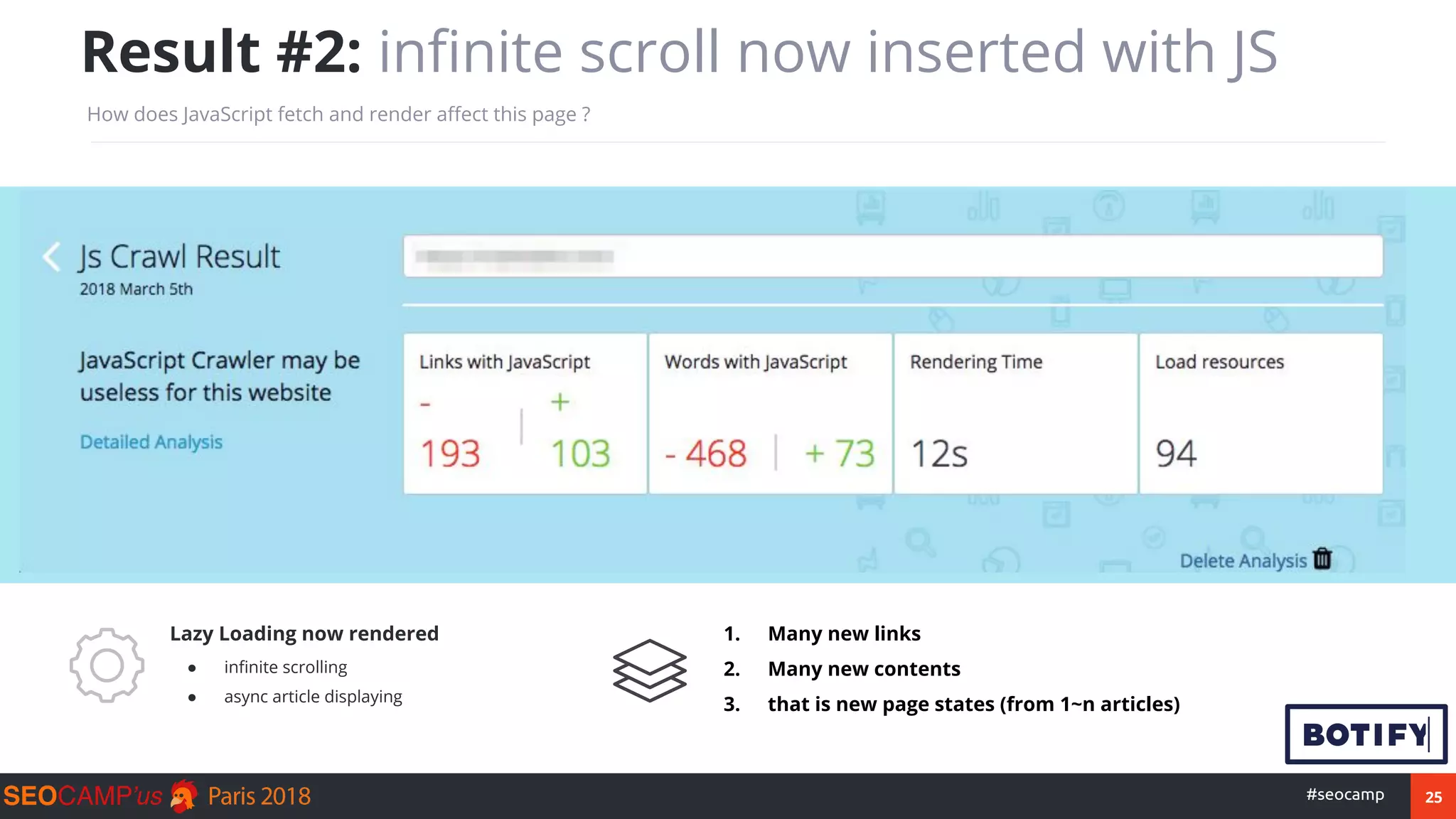 25#seocamp
Result #2: infinite scroll now inserted with JS
How does JavaScript fetch and render affect this page ?
Lazy Loading now rendered
● infinite scrolling
● async article displaying
1. Many new links
2. Many new contents
3. that is new page states (from 1~n articles)
 