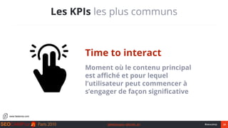 31#seocamp@Mathieujava @Emilie_bd
Les KPIs les plus communs
Time to interact
Moment où le contenu principal
est affiché et...