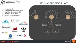 #seocamp 3
Data & Analytics Solutions
● Créée en 2006
● Plateforme SEO lancée en 2009
● Acquisition Linkdex en 2018
● Équi...