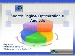 Search Engine Optimization &
                   Analysis




Why Bother?
What are we looking for?
What are we going to do about it?
 