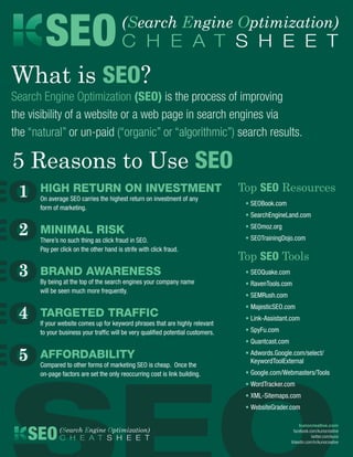 SEO C H E A T S H E E T         (Search Engine Optimization)


What is SEO?
Search Engine Optimization (SEO) is the process of improving
the visibility of a website or a web page in search engines via
the “natural” or un-paid (“organic” or “algorithmic”) search results.

5 Reasons to Use SEO
 1    HigH RetuRn on investment                                                   Top SEO Resources
      On average SEO carries the highest return on investment of any
                                                                                  	 • SEOBook.com
      form of marketing.
                                                                                  	 • SearchEngineLand.com

 2    minimal Risk
      There’s no such thing as click fraud in SEO.
                                                                                  	 • SEOmoz.org
                                                                                  	 • SEOTrainingDojo.com
      Pay per click on the other hand is strife with click fraud.
                                                                                  Top SEO Tools
 3    BRand awaReness
      By being at the top of the search engines your company name
                                                                                  	 • SEOQuake.com
                                                                                  	 • RavenTools.com
      will be seen much more frequently.
                                                                                  	 • SEMRush.com


 4
                                                                                  	 • MajesticSEO.com
      taRgeted tRaffic                                                            	 • Link-Assistant.com
      If your website comes up for keyword phrases that are highly relevant
      to your business your traffic will be very qualified potential customers.   	 • SpyFu.com
                                                                                  	 • Quantcast.com

 5    affoRdaBility
      Compared to other forms of marketing SEO is cheap. Once the
                                                                                  	 • Adwords.Google.com/select/
                                                                                      KeywordToolExternal
      on-page factors are set the only reoccurring cost is link building.         	 • Google.com/Webmasters/Tools
                                                                                  	 • WordTracker.com
                                                                                  	 • XML-Sitemaps.com
                                                                                  	 • WebsiteGrader.com



   SEO C H E A T S H E E T
                                                                                                           kunocreative.com
              (Search Engine Optimization)                                                              facebook.com/kunocreative
                                                                                                                  twitter.com/kuno
                                                                                                      linkedin.com/in/kunocreative
 