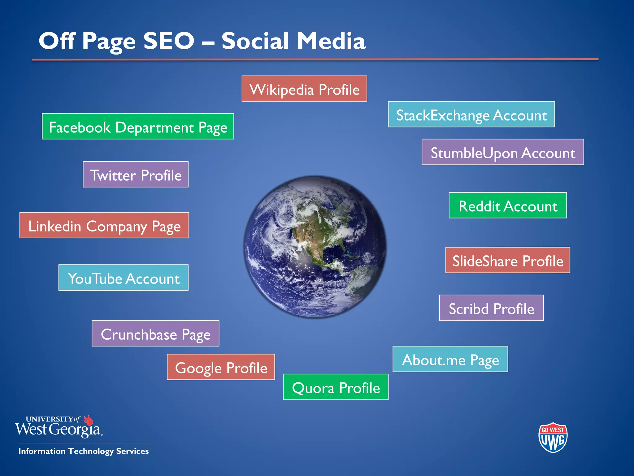 Off Page SEO – Social Media
Facebook Department Page
Twitter Profile
Linkedin Company Page
YouTube Account
Crunchbase Page
Google Profile
Quora Profile
About.me Page
Scribd Profile
SlideShare Profile
Reddit Account
StumbleUpon Account
StackExchange Account
Wikipedia Profile
 