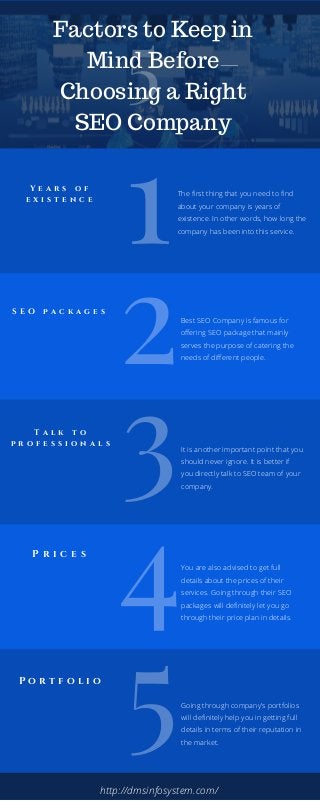 5
4
3
2
1Y e a r s o f
e x i s t e n c e
The first thing that you need to find
about your company is years of
existence. In other words, how long the
company has been into this service.
S E O p a c k a g e s
Best SEO Company is famous for
offering SEO package that mainly
serves the purpose of catering the
needs of different people.
T a l k t o
p r o f e s s i o n a l s
It is another important point that you
should never ignore. It is better if
you directly talk to SEO team of your
company.
5
P r i c e s
You are also advised to get full
details about the prices of their
services. Going through their SEO
packages will definitely let you go
through their price plan in details. 
P o r t f o l i o
Going through company's portfolios
will definitely help you in getting full
details in terms of their reputation in
the market.
http://dmsinfosystem.com/
Factors to Keep in
Mind Before
Choosing a Right
SEO Company
 