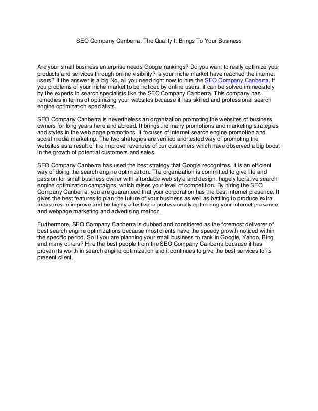 SEO Company Canberra The Quality It Brings To Your Business