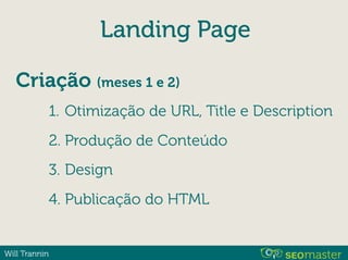 Will Trannin
1. Otimização de URL, Title e Description
2. Produção de Conteúdo
3. Design
4. Publicação do HTML
Criação (meses 1 e 2)
Landing Page
 