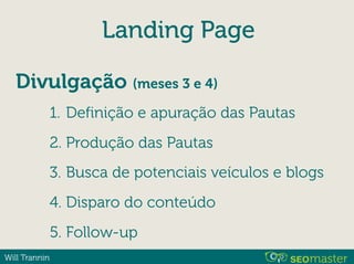 Will Trannin
Landing Page
1. Definição e apuração das Pautas
2. Produção das Pautas
3. Busca de potenciais veículos e blogs
4. Disparo do conteúdo
5. Follow-up
Divulgação (meses 3 e 4)
 
