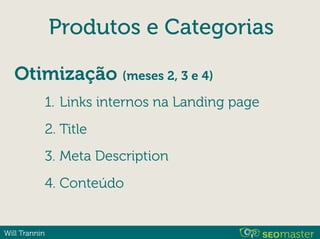 Will Trannin
Produtos e Categorias
Otimização (meses 2, 3 e 4)
1. Links internos na Landing page
2. Title
3. Meta Description
4. Conteúdo
 