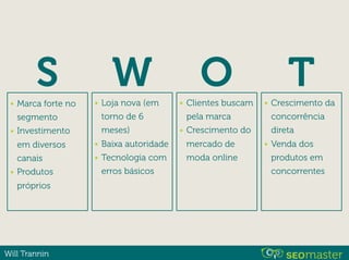Will Trannin
S W O T• Marca forte no
segmento
• Investimento
em diversos
canais
• Produtos
próprios
• Loja nova (em
torno de 6
meses)
• Baixa autoridade
• Tecnologia com
erros básicos
• Clientes buscam
pela marca
• Crescimento do
mercado de
moda online
• Crescimento da
concorrência
direta
• Venda dos
produtos em
concorrentes
 