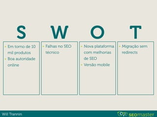 Will Trannin
S W O T• Em torno de 10
mil produtos
• Boa autoridade
online
• Falhas no SEO
técnico
• Nova plataforma
com melhorias
de SEO
• Versão mobile
• Migração sem
redirects
 