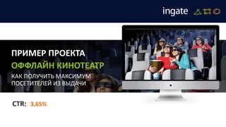 ПРИМЕР ПРОЕКТА
ОФФЛАЙН КИНОТЕАТР
КАК ПОЛУЧИТЬ МАКСИМУМ
ПОСЕТИТЕЛЕЙ ИЗ ВЫДАЧИ
CTR: 3,65%
 