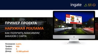 ПРИМЕР ПРОЕКТА
НАРУЖНАЯ РЕКЛАМА
КАК ПОЛУЧИТЬ МАКСИМУМ
ЗАКАЗОВ С САЙТА
Конверсия:
Трафик:
Заявок:
Доход:
0,65%
930
6
72 000 рублей
 