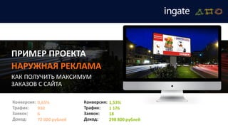 ПРИМЕР ПРОЕКТА
НАРУЖНАЯ РЕКЛАМА
КАК ПОЛУЧИТЬ МАКСИМУМ
ЗАКАЗОВ С САЙТА
Конверсия:
Трафик:
Заявок:
Доход:
0,65%
930
6
72 000 рублей
Конверсия:
Трафик:
Заявок:
Доход:
1,53%
1 176
18
298 800 рублей
 