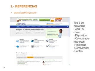13
1.- REFERENCIAS
 www.bankimia.com
Top 5 en
Keywords
Head Tail
como:
- Dépositos
- Comparador
hipotecas
-Hipotecas
-Comparador
cuentas
 