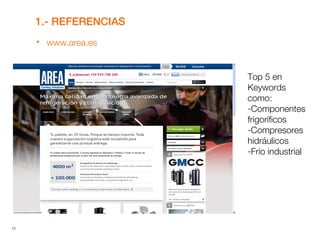 17
1.- REFERENCIAS
 www.area.es
Top 5 en
Keywords
como:
-Componentes
frigoríficos
-Compresores
hidráulicos
-Frío industrial
 