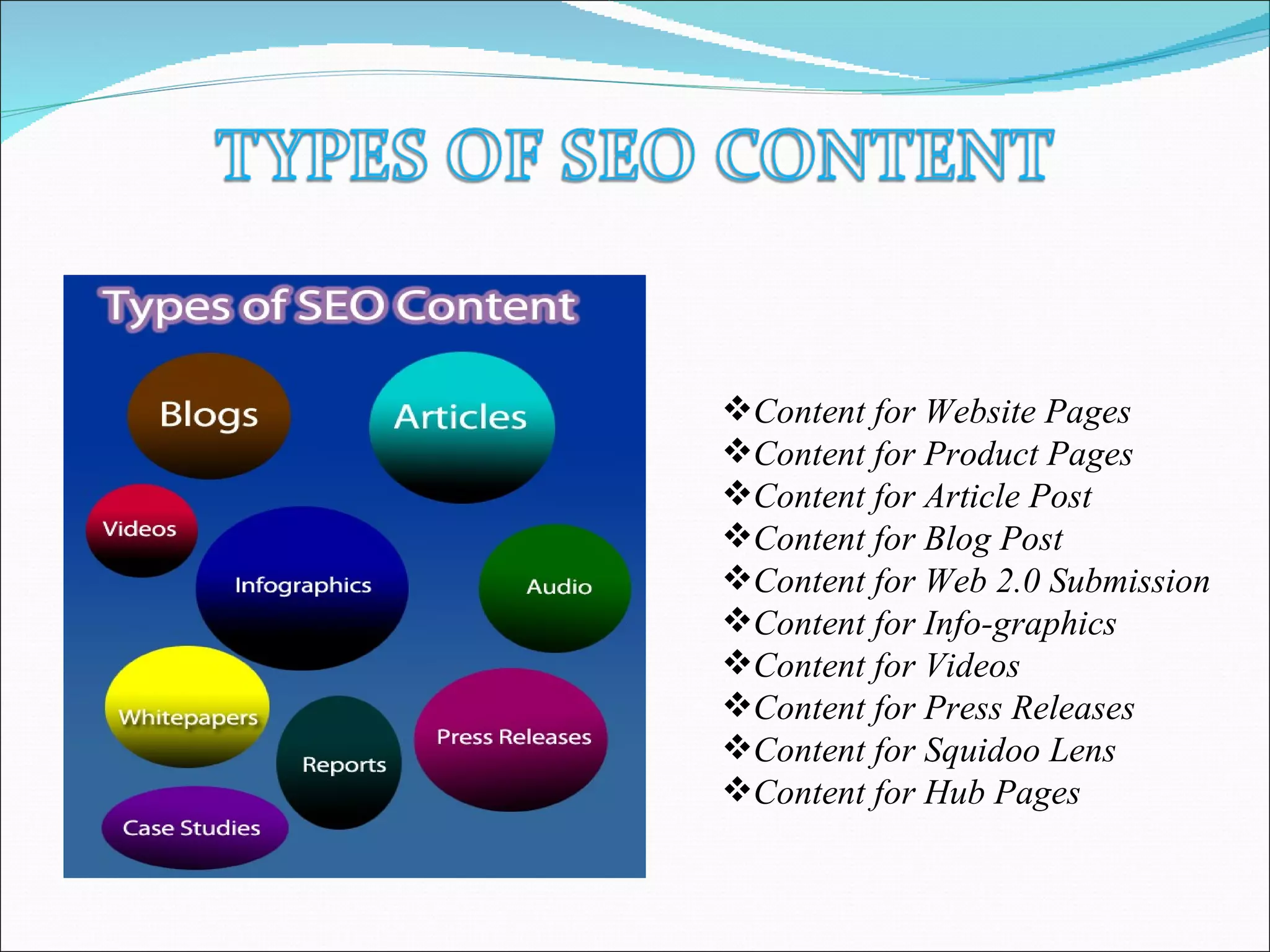 Content for Website Pages
Content for Product Pages
Content for Article Post
Content for Blog Post
Content for Web 2.0 Submission
Content for Info-graphics
Content for Videos
Content for Press Releases
Content for Squidoo Lens
Content for Hub Pages