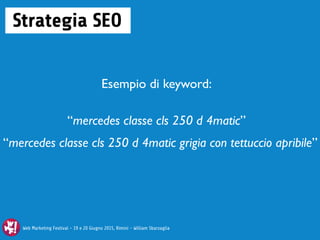 Web Marketing Festival - 19 e 20 Giugno 2015, Rimini - William Sbarzaglia
“mercedes classe cls 250 d 4matic”
Strategia SEO
Esempio di keyword:
“mercedes classe cls 250 d 4matic grigia con tettuccio apribile”
Web Marketing Festival - 19 e 20 Giugno 2015, Rimini - William Sbarzaglia
 