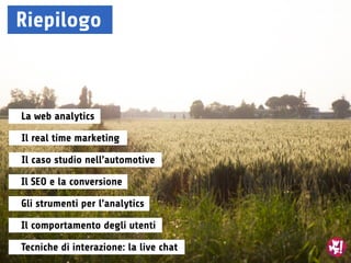 Web Marketing Festival - 19 e 20 Giugno 2015, Rimini - William Sbarzaglia
Riepilogo
Il real time marketing
La web analytics
Il SEO e la conversione
Il caso studio nell’automotive
Gli strumenti per l’analytics
Il comportamento degli utenti
Tecniche di interazione: la live chat
 