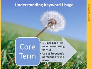 Understanding Keyword Usage




                                   KEYWORD USAGE
           • 1-3 per page (we
  Core       recommend using
             only 1)
           • Use as frequently
  Term       as readability will
             allow
 