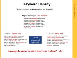 Keyword Density




                                                                                                                                         KEYWORD USAGE
                          Search engines think every word is a keyword!


                                     Engine looking for “red marbles”
                                        text text text red marbles text text text
                                        text text text red marbles text text
                                        text text text text text text text text text
                                        text text red marbles text text text
                                        text text text text text text text text text
                                        red text text marbles text text text
                                        text text text



  Add in “rubber balls”                                                                    Add in “jump rope”
text text text red marbles text text text                                              jump rope text red marbles text text text
rubber balls text red marbles text                      Search                         rubber balls text red marbles text
text text rubber balls text text text text text                                        text text rubber balls text text text text text
text text text red marbles text                       engines get                      text text text red marbles text
text text text text text text rubber balls text        confused!                       text text text jump rope text rubber balls
text text text text text text text                                                     text text text text text text text text
text red balls text text                                                               jump rope text text text



       No magic keyword density. Use “read it aloud” rule.
 