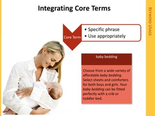 Integrating Core Terms




                                                   KEYWORD USAGE
                   • Specific phrase
       Core Term   • Use appropriately


                          baby bedding


                   Choose from a wide variety of
                   affordable baby bedding.
                   Select sheets and comforters
                   for both boys and girls. Your
                   baby bedding can be fitted
                   perfectly with a crib or
                   toddler bed.
 