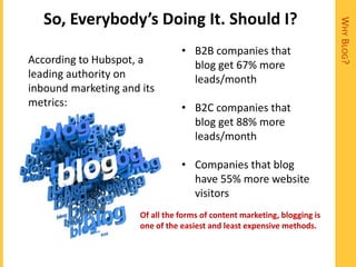 So, Everybody’s Doing It. Should I?




                                                                           WHY BLOG?
                                 • B2B companies that
According to Hubspot, a            blog get 67% more
leading authority on               leads/month
inbound marketing and its
metrics:                         • B2C companies that
                                   blog get 88% more
                                   leads/month

                                 • Companies that blog
                                   have 55% more website
                                   visitors
                      Of all the forms of content marketing, blogging is
                      one of the easiest and least expensive methods.
 