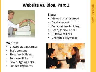 Website vs. Blog, Part 1




                                                    BLOGGING BASICS
                         Blogs:
                         • Viewed as a resource
                         • Fresh content
                         • Constant link building
                         • Deep, topical links
                         • Outflow of links
                         • Unlimited keywords
Websites:
• Viewed as a business
• Stale content
• Slow link building
• Top-level links
• Few outgoing links
• Limited keywords
 