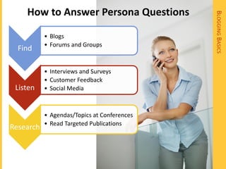 How to Answer Persona Questions




                                             BLOGGING BASICS
           • Blogs
           • Forums and Groups
  Find

           • Interviews and Surveys
           • Customer Feedback
 Listen    • Social Media



           • Agendas/Topics at Conferences
           • Read Targeted Publications
Research
 