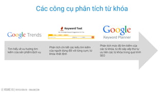 LE HOANG VU | REPUTATION.VN – VINALINK.COM
Các công cụ phân tích từ khóa
Tìm hiểu về xu hướng tìm
kiếm của sản phẩm/dịch vụ.
Phân tích chi tiết các kiểu tìm kiếm
của người dùng đối với từng cụm, từ
khóa nhất định
Phân tích mức độ tìm kiếm của
các từ khóa, từ đó sắp xếp thứ tự
ưu tiên các từ khóa trong quá trình
SEO
 