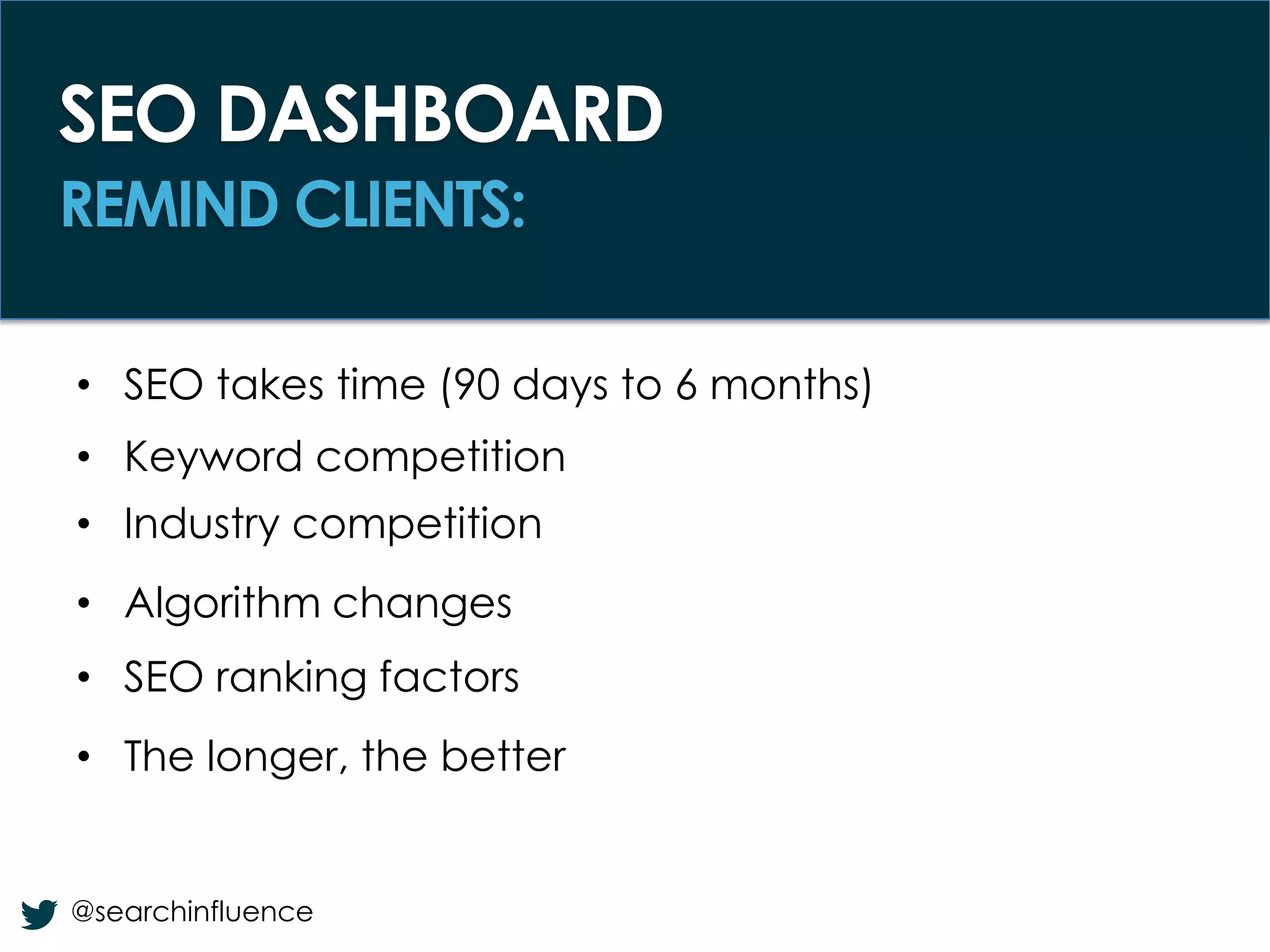 SEO Reporting Information KPI’s
DASHBOARD
REMIND CLIENTS:

• SEO takes time (90 days to 6 months)
• Keyword competition
• Industry competition
• Algorithm changes

• SEO ranking factors
• The longer, the better

@searchinfluence

Fairway Group in Partnership with Search Influence 2013

 