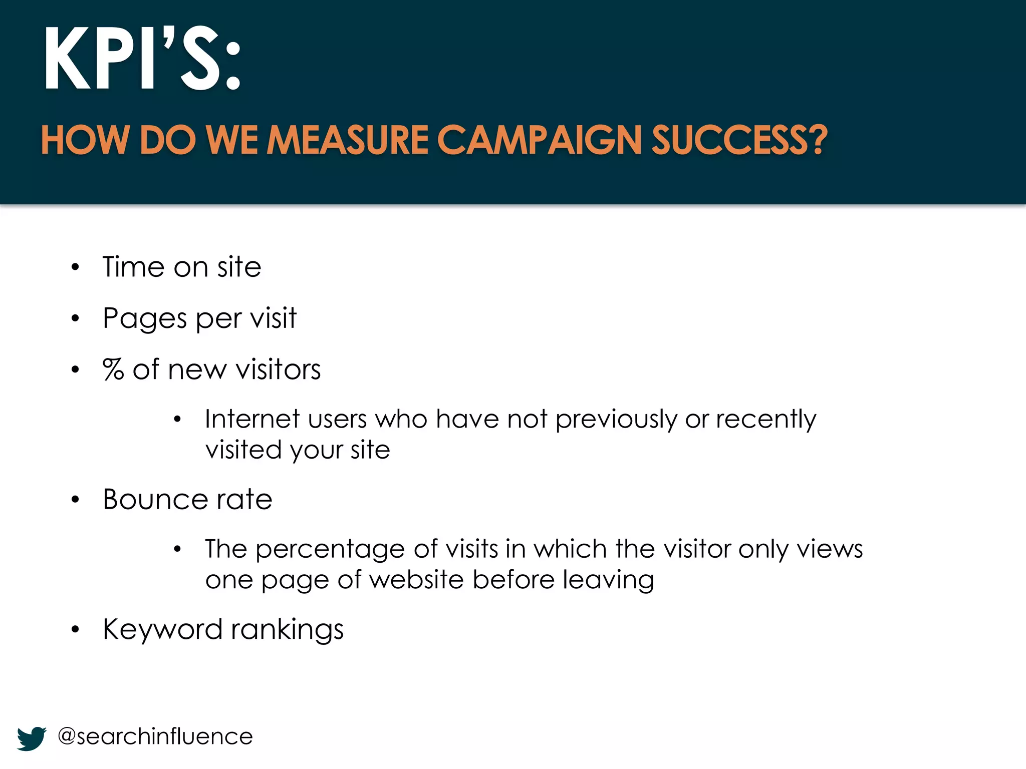 KPI’S:
HOW DO WE MEASURE CAMPAIGN SUCCESS?
• Time on site
• Pages per visit
• % of new visitors
• Internet users who have not previously or recently
visited your site

• Bounce rate
• The percentage of visits in which the visitor only views
one page of website before leaving

• Keyword rankings

@searchinfluence

Fairway Group in Partnership with Search Influence 2013

 