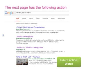 1. Inline MicroData converted to JSONLD for Courses
bit.ly/rdfa-to-jsonld
2. JS variables converted to JSONLD for Restaurants
bit.ly/js-to-jsonld
Heavy lifting in JS using GTM…
 