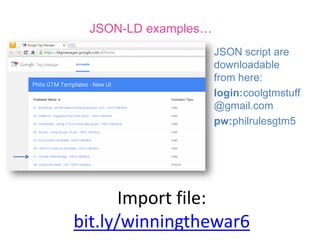 Products
<!-- https://developers.google.com/search/docs/data-types/products -->
<script type="application/ld+json">
{
"@context": "http://schema.org/",
"@type": "Product",
"name": "Executive Anvil",
"image": "http://www.example.com/anvil_executive.jpg",
"description": "Sleeker than ACME's Classic Anvil, the Executive Anvil
is perfect for the business traveler looking for something to drop from a
height.",
"mpn": "925872",
"brand": {
"@type": "Thing",
"name": "ACME"
},
"offers": {
"@type": "Offer",
"priceCurrency": "USD",
"price": "119.99",
"priceValidUntil": "2099-01-01",
"itemCondition": "UsedCondition", // schema.org/UsedCondition
"availability": "InStock", // schema.org/InStock
"seller": {
"@type": "Organization",
"name": "Executive Objects"
}
}
}
</script>
Page specific
 