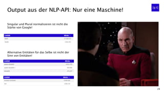 29
Singular und Plural normalisieren ist nicht die
Stärke von Google!
Alternative Entitäten für das Selbe ist nicht der
Sinn von Entitäten!
Output aus der NLP-API: Nur eine Maschine!
 