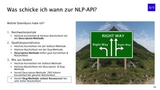 40
Welche Datenbasis habe ich?
1. Reichweitenportale
▪ Höchste Korrektheit & höchste Nützlichkeit mit
der Description-Methode
2. Qualitätsjournalismus
▪ Höchste Korrektheit mit der Volltext-Methode
▪ Höchste Nützlichkeit mit der Slug-Methode
▪ Description-Methode liefert gute Korrektheit &
Nützlichkeit
3. Mix aus beidem
▪ Höchste Korrektheit mit Volltext-Methode
▪ Höchste Nützlichkeit mit Description- & Slug-
Methode
▪ Vorteil Description-Methode: 26% höhere
Korrektheit bei gleicher Nützlichkeit
▪ Vorteil Slug-Methode: schont Ressourcen bei
sehr hoher Nützlichkeit
Was schicke ich wann zur NLP-API?
 
